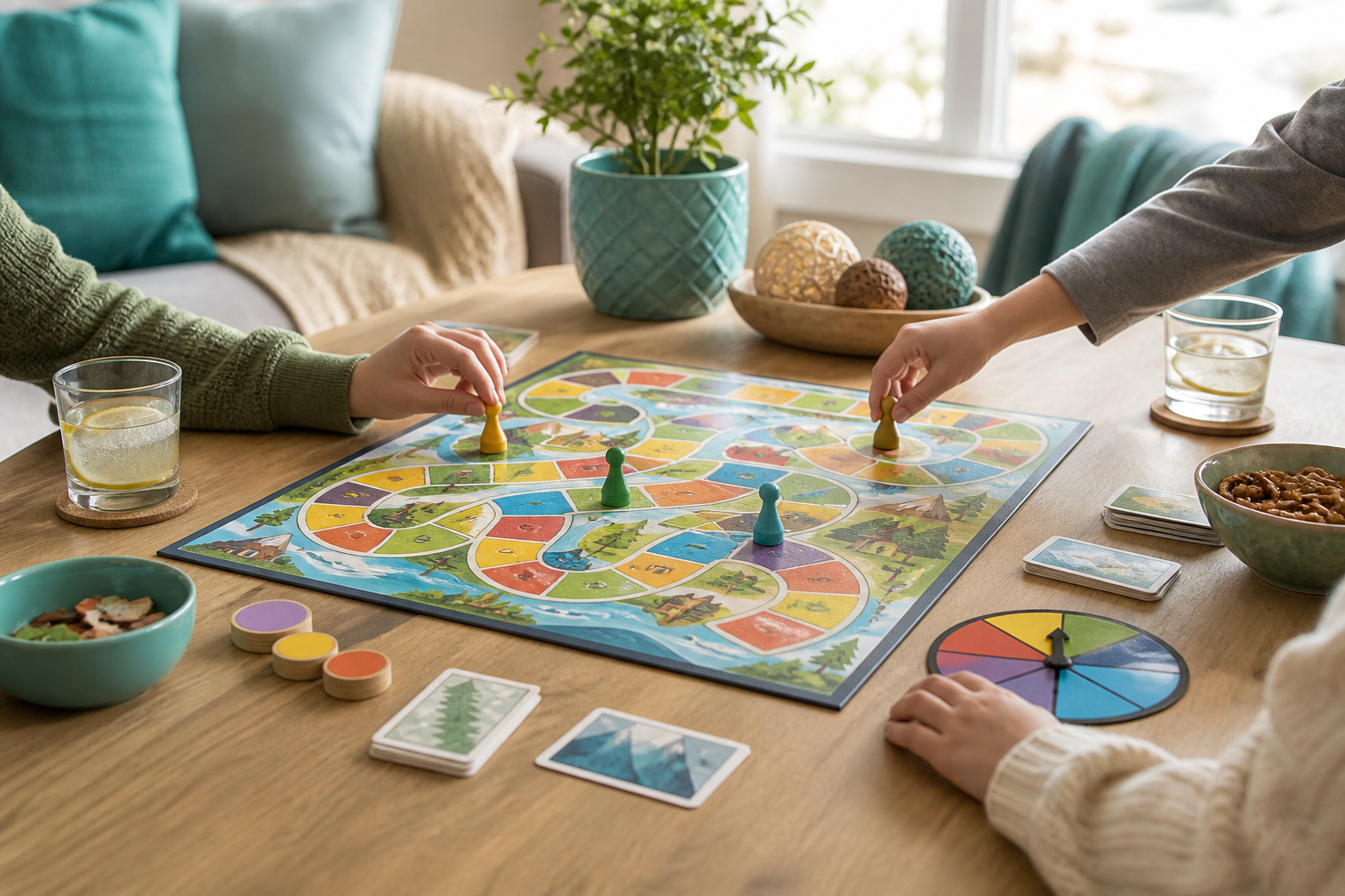 Family board game in progress on oak table